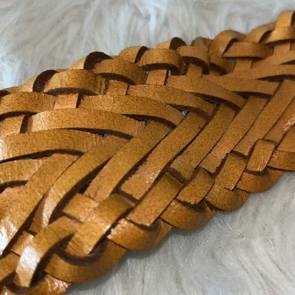 Wide tan leather braided belt boho hippie western size Medium
